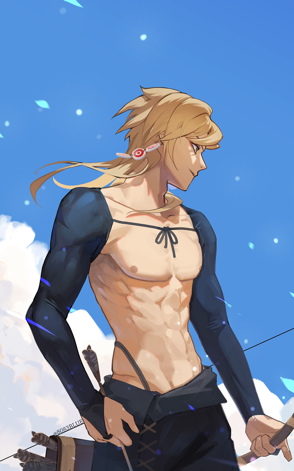 8083 blue, hakaze kaoru, ensemble stars!, commentary, highres, 1boy, adam's apple, arrow (projectile), bare pectorals, black pants, blonde hair, blue sky, bow (weapon), bridal gauntlets, brown eyes, collarbone, earrings, holding, holding arrow, holding bow (weapon), holding weapon, jewelry, long hair, male focus, nipples, outdoors, pants, pectorals, quiver, sky, solo, target, toned, toned male, weapon