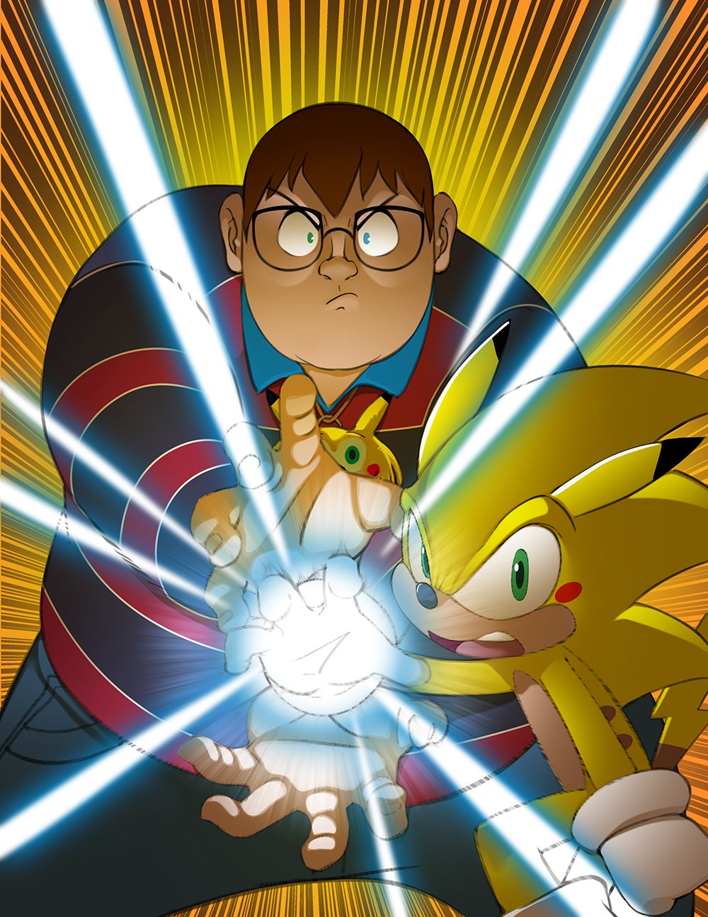 bleedman, chris-chan, sonichu, dragon ball, dragonball z, commentary, english commentary, highres, 2boys, blue eyes, brown hair, denim, emphasis lines, fat, fat man, father-son kamehameha, frown, glasses, green eyes, jeans, kamehameha (dragon ball), male focus, multiple boys, pants, parody, polo shirt, serious, shirt, sonichu (series), sonichu medallion, striped clothes, striped shirt, v-shaped eyebrows