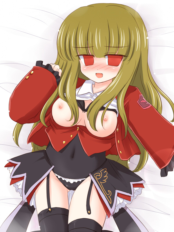 ry (yagoyago), ryukishi07, mammon (umineko), 07th expansion, umineko no naku koro ni, 00s, blush, breasts, brown hair, fang, garter belt, open clothes, open shirt, shirt, thighhighs