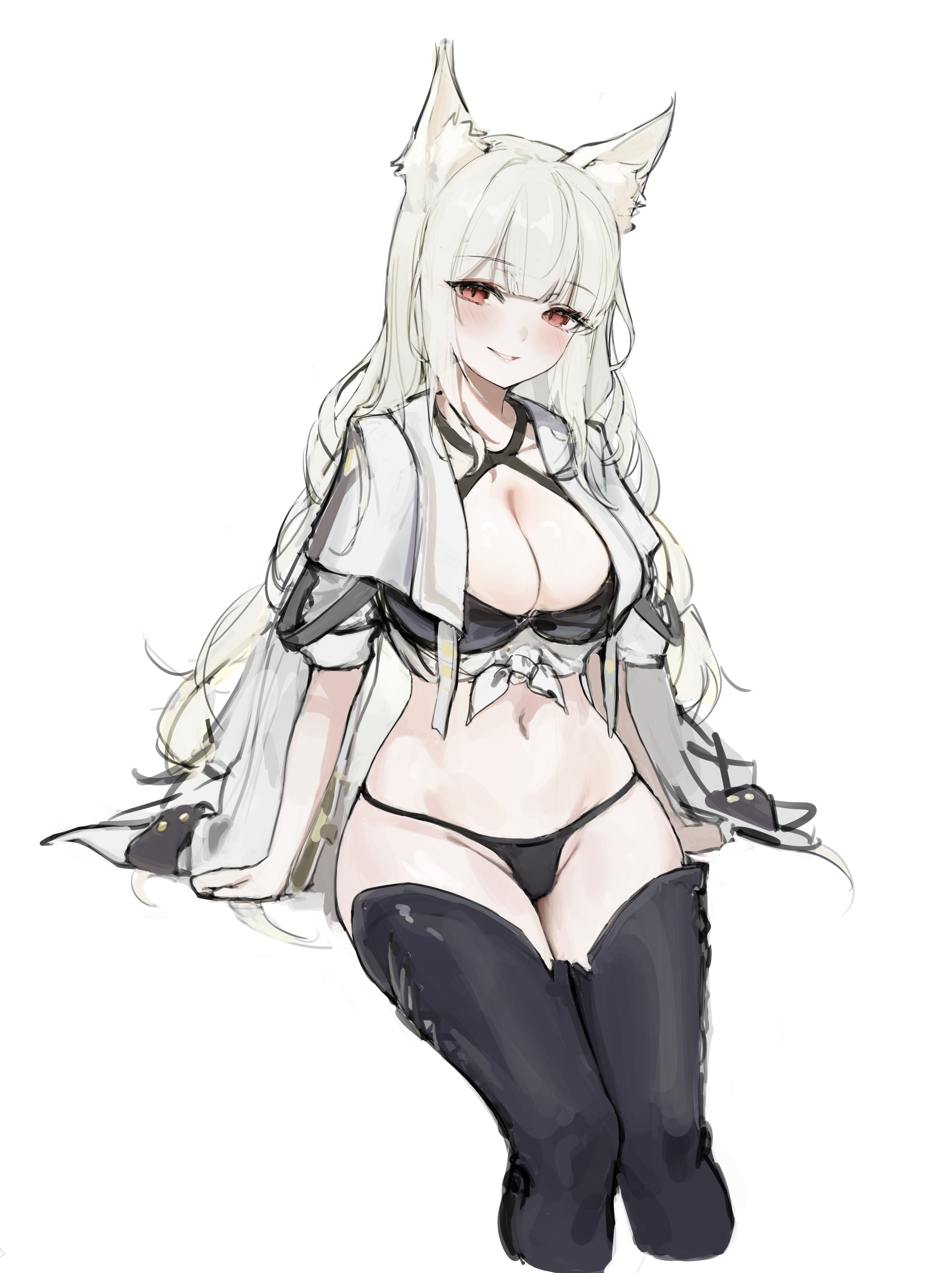 takealook, original, absurdres, highres, 1girl, animal, animal ear fluff, bikini, black bikini, black boots, blush, boots, breasts, brown eyes, cleavage, cropped jacket, feet out of frame, hair between eyes, head tilt, jacket, large breasts, long hair, long sidelocks, looking at viewer, navel, open clothes, open jacket, parted lips, short sleeves, sidelocks, simple background, sitting, solo, stomach, swimsuit, thigh boots, thighs, white background, white hair, white jacket