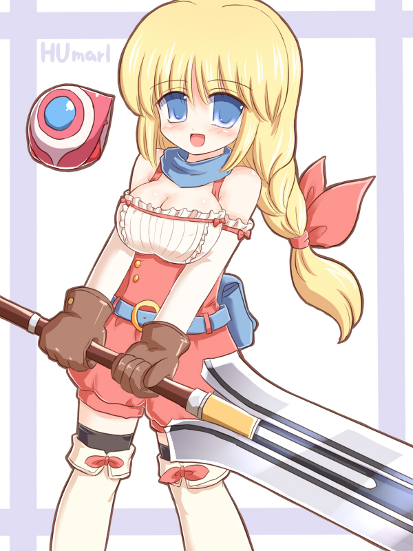 ry (yagoyago), humarl, phantasy star, phantasy star zero, sega, tagme, 1girl, bare shoulders, belt, blonde hair, blue belt, blue eyes, blush, boots, bow, braid, braided ponytail, breasts, brown gloves, character name, cleavage, dot nose, facing viewer, feet out of frame, female focus, gloves, hair bow, large breasts, long hair, looking at viewer, red bow, smile, solo, standing, sword, thighhighs, thighhighs under boots, weapon