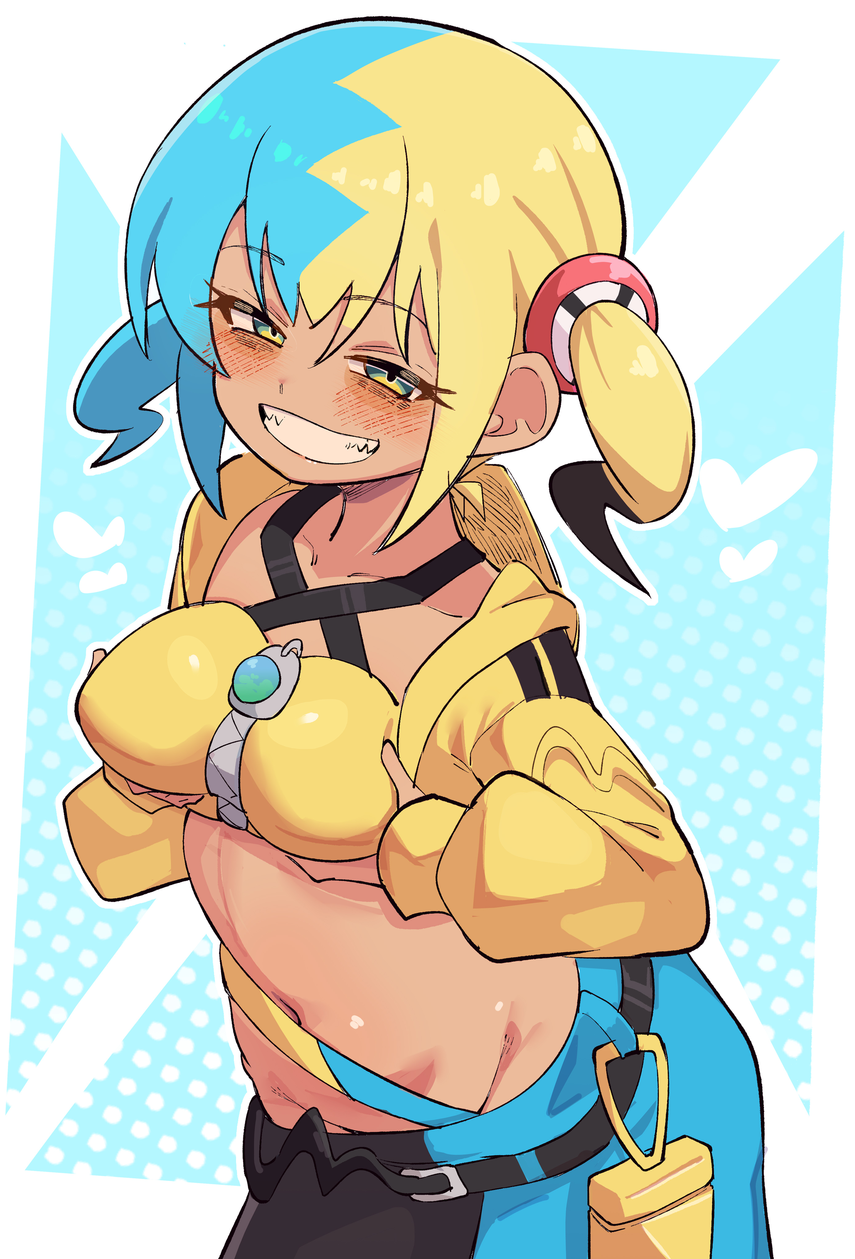 buzzlyears, canari (pokemon), nintendo, pokemon, pokemon legends: z-a, absurdres, highres, 1girl, blonde hair, blue hair, breasts, cropped jacket, grabbing own breast, grin, jacket, looking at viewer, medium breasts, multicolored hair, navel, parted lips, smile, solo, split-color hair, sports bra, twintails, yellow eyes, yellow jacket, yellow sports bra