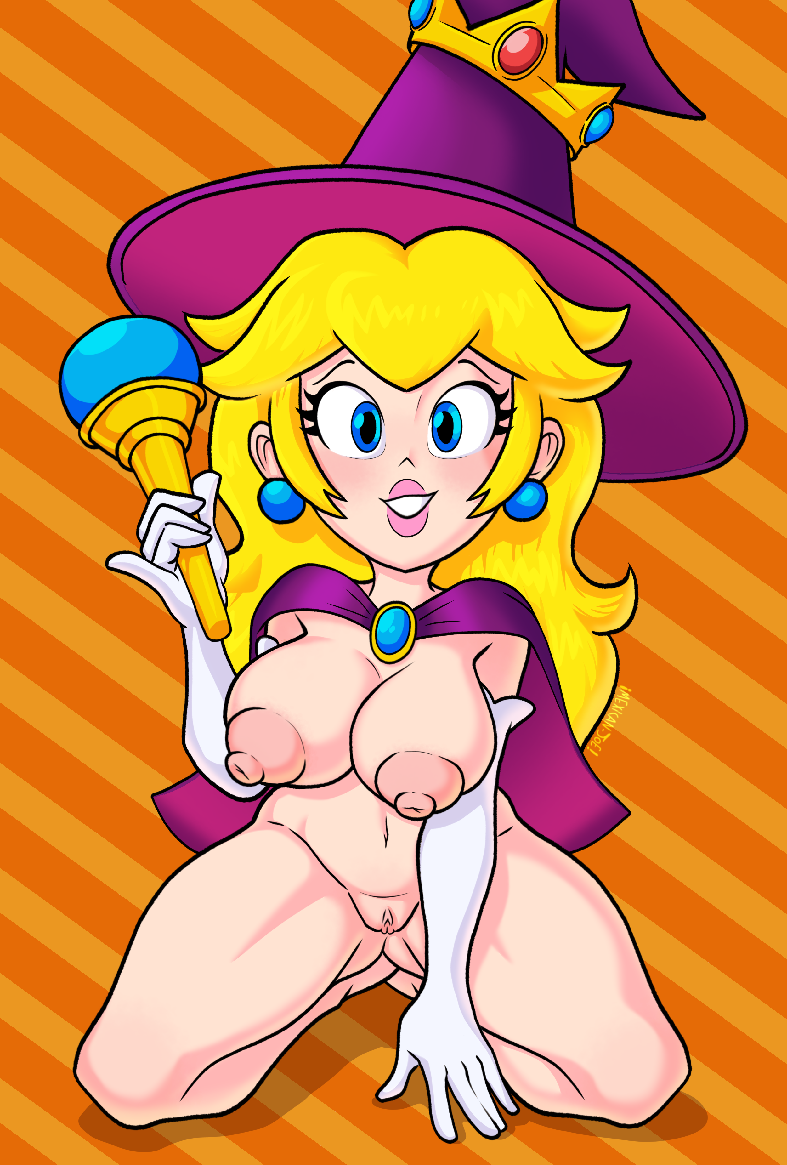 mexican-joe, princess peach, mario (series), nintendo, absurdres, highres, 1girl, artist name, blonde hair, blue eyes, blush, breasts, cape, crown, earrings, elbow gloves, gloves, hat, holding, holding wand, jewelry, kneeling, large breasts, long hair, looking at viewer, navel, nipples, orange background, purple cape, pussy, smile, striped background, thick lips, two-tone background, uncensored, wand, white gloves, witch hat
