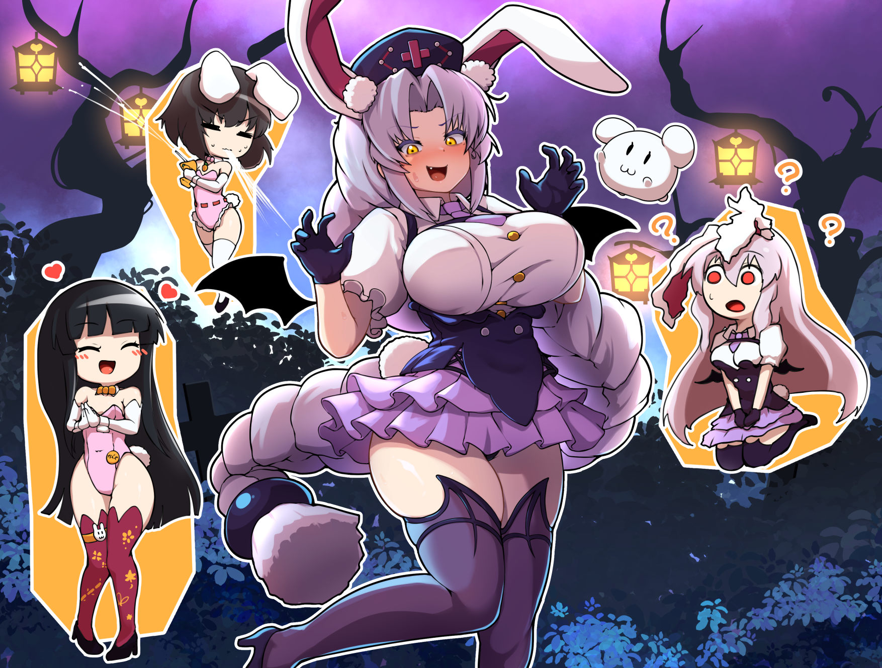 peso (cheese company), houraisan kaguya, inaba tewi, reisen udongein inaba, yagokoro eirin, touhou, touhou gensou eclipse, commentary request, highres, 4girls, ?, ??, alternate costume, animal ears, bare tree, black gloves, black hair, black shoes, black thighhighs, blue hat, blush, braid, breasts, brown hair, claw pose, closed eyes, closed mouth, constellation print, cosplay, cross, cross print, frilled skirt, frills, gloves, halloween, halloween costume, hat, heart, lantern, large breasts, leg up, leotard, long hair, multiple girls, necktie, nurse cap, open mouth, pink necktie, pink skirt, print hat, puffy short sleeves, puffy sleeves, purple hair, rabbit ears, rabbit girl, rabbit tail, red eyes, red leotard, red thighhighs, shirt, shoes, short sleeves, single braid, sitting, skirt, tail, thighhighs, tree, vampire costume, very long hair, white shirt