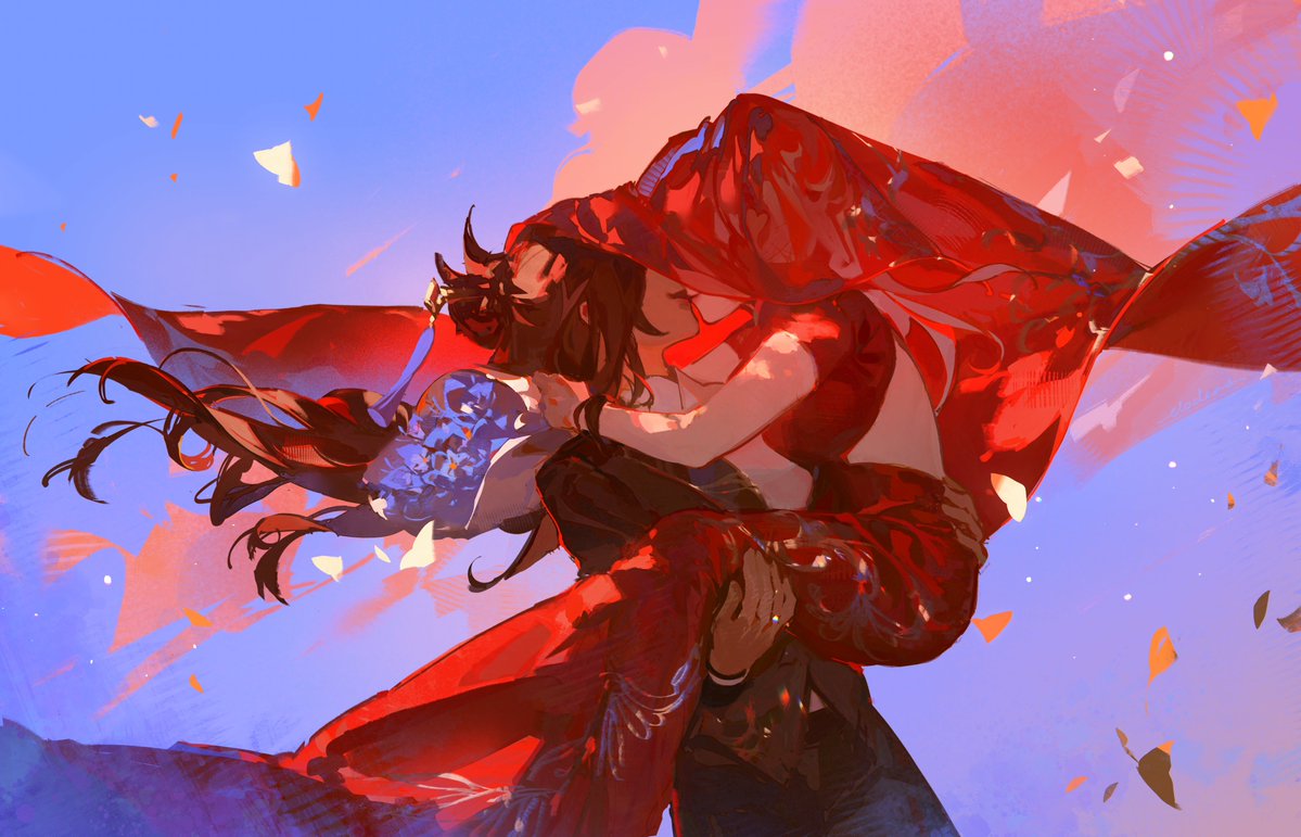 elodeas, beidou (genshin impact), ningguang (genshin impact), genshin impact, commentary, english commentary, 2girls, arms around neck, backless dress, backless outfit, black jacket, black pants, black suit, blue flower, bouquet, brown hair, closed mouth, cloud, day, dress, falling leaves, flower, formal clothes, holding, holding bouquet, jacket, kiss, leaf, multiple girls, outdoors, pants, prince, red dress, smile, suit, wife and wife, yuri