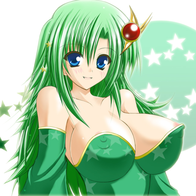 womi, rydia (adult) (ff4), rydia (ff4), final fantasy, final fantasy iv, 1990s (style), 1girl, aged up, areola slip, bare shoulders, blue eyes, blush, breasts, covered erect nipples, detached sleeves, female focus, green hair, huge breasts, large breasts, looking at viewer, nipple slip, nipples, retro artstyle, solo