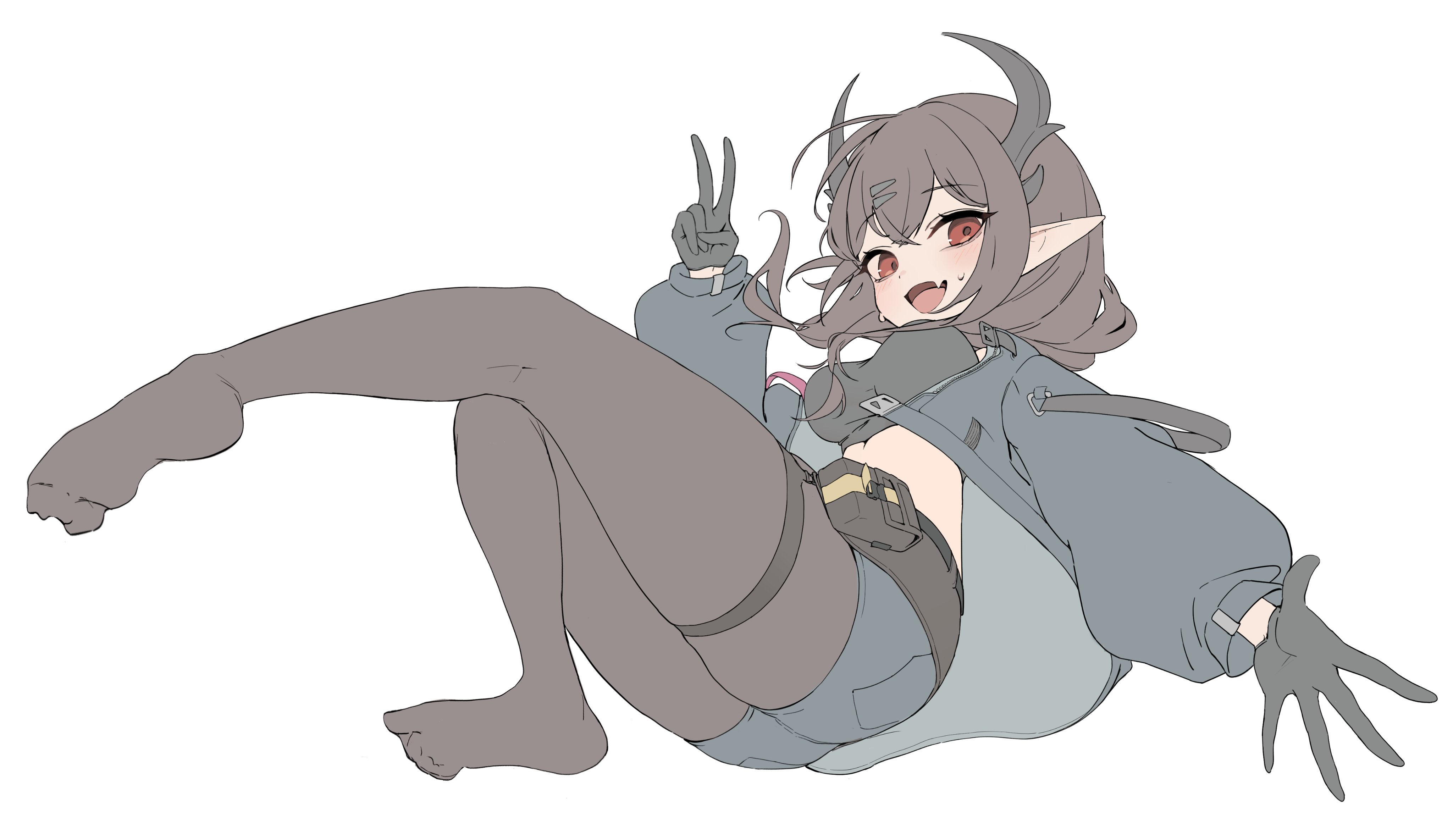 takealook, original, absurdres, highres, 1girl, black gloves, black horns, blush, breasts, brown eyes, brown hair, brown pantyhose, crop top, fang, full body, gloves, green shorts, hair between eyes, hair ornament, hairclip, horns, jacket, large breasts, legs, long hair, long sidelocks, long sleeves, no shoes, open clothes, open jacket, open mouth, pantyhose, parallel hairclips, pointy ears, short shorts, shorts, sidelocks, simple background, solo, thigh strap, thighs, v, white background