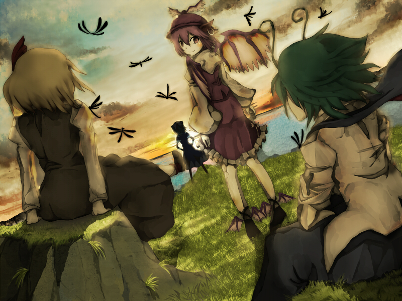 tokoroten (hmmuk), cirno, mystia lorelei, rumia, wriggle nightbug, touhou, bad id, bad pixiv id, 4girls, androgynous, blonde hair, bug, cloud, day, dragonfly, dutch angle, female focus, from behind, grass, insect, multiple girls, reverse trap, sitting, sky, team 9 (touhou)