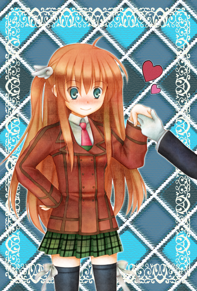 uzumaki panda, ootori chihaya, rewrite, bad id, bad pixiv id, 10s, 1girl, female focus, hair ornament, hand on own hip, heart, hip focus, long hair, orange hair, plaid clothes, plaid skirt, skirt, solo, thighhighs, wing hair ornament, wings, zettai ryouiki