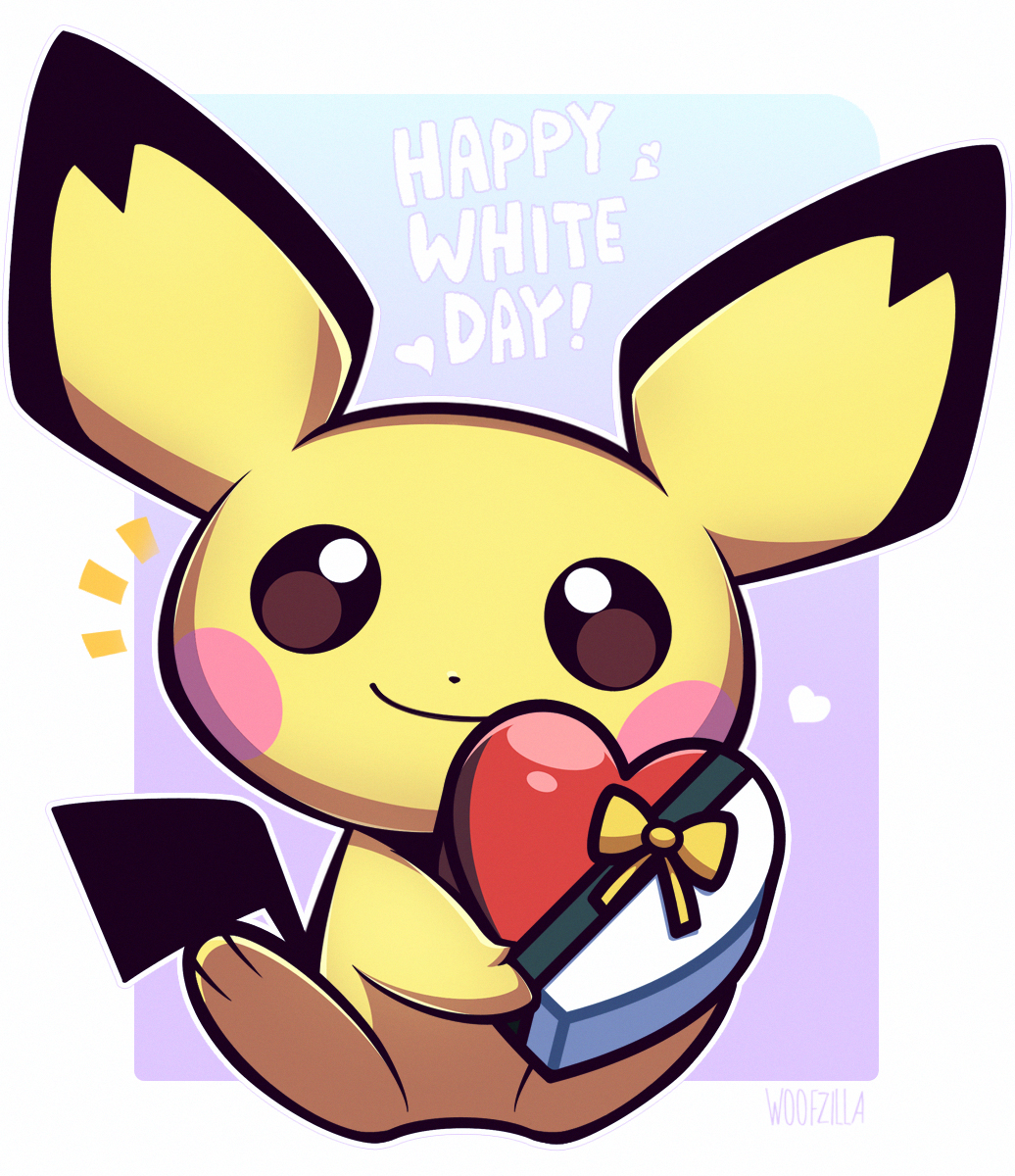 woofzilla, pichu, nintendo, pokemon, commentary, english commentary, highres, border, bow, box, bright pupils, closed mouth, full body, gen 2 pokemon, happy white day, heart, heart-shaped box, looking at viewer, no humans, pokemon (creature), sitting, smile, solo, white border, white day, white pupils, yellow bow