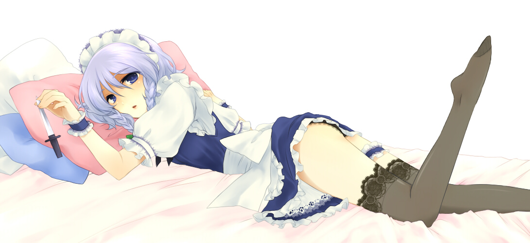 meimone, izayoi sakuya, touhou, lace-trimmed legwear, silver hair, bad id, bad pixiv id, 1girl, ass, black panties, blue eyes, braid, feet, female focus, frilled thigh strap, hairband, knife, lace, lace trim, lying, maid, maid headdress, open mouth, panties, pantyshot, pillow, short hair, solo, thigh strap, thighhighs, throwing knife, twin braids, underwear, weapon, wrist cuffs