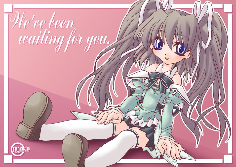 ishihara masumi, 1girl, blue eyes, brown hair, female focus, laughing, long hair, ribbon, solo, thighhighs, twintails
