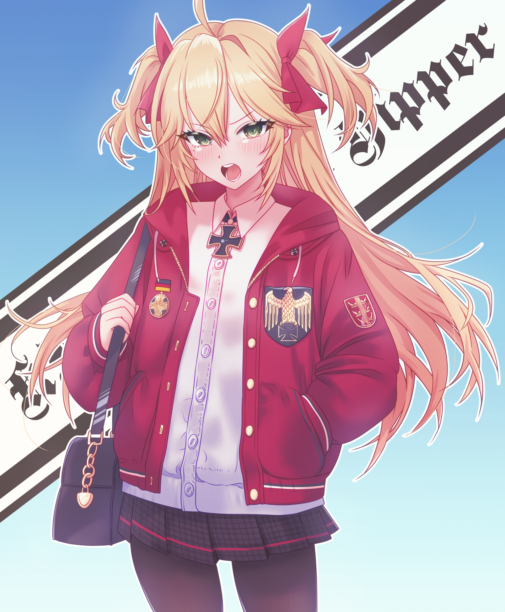 arbiter1, admiral hipper (azur lane), azur lane, absurdres, commentary, highres, 1girl, bag, black skirt, blonde hair, cross, flat chest, german flag, green eyes, hand in pocket, iron cross, jacket, long hair, looking at viewer, open mouth, pantyhose, skirt, solo, teeth, tsurime