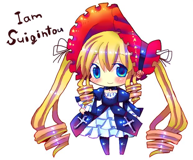 chocolat (momoiro piano), shinku, suigintou, rozen maiden, bad id, bad pixiv id, blonde hair, blue eyes, bonnet, cosplay, dress, drill hair, english text, long hair, solo, suigintou (cosplay), twintails