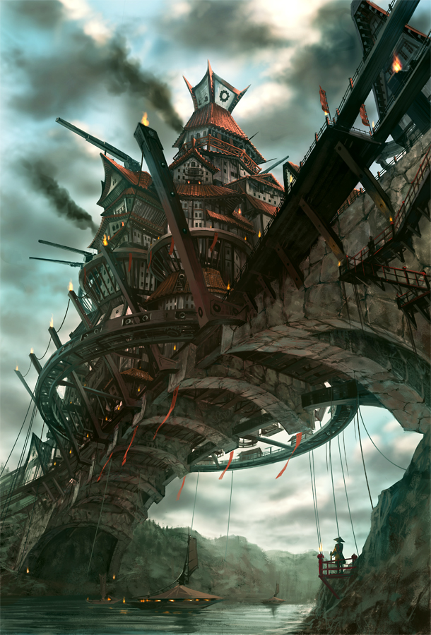 noba, pixiv fantasia, pixiv fantasia 3, gender request, akatsuhara empire, androgynous, banner, bridge, cannon, city, cloud, outdoors, river, rope, scenery, sky, solo