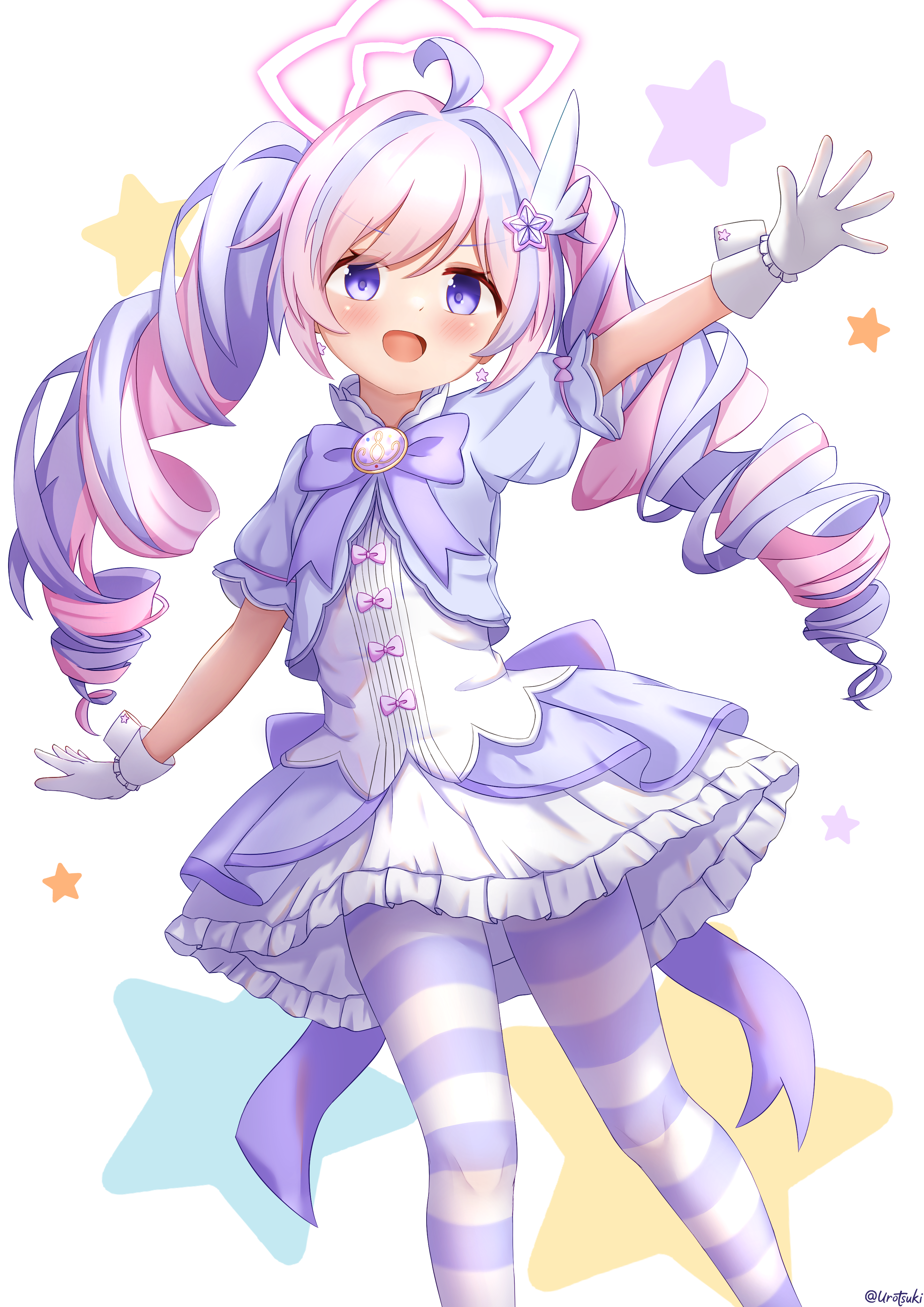 uro30, reisa (blue archive), reisa (magical) (blue archive), blue archive, absurdres, highres, 1girl, ahoge, gloves, halo, long hair, magical girl, multicolored hair, official alternate costume, pantyhose, pink hair, puffy sleeves, purple eyes, short sleeves, solo, star (symbol), striped clothes, twintails, white gloves