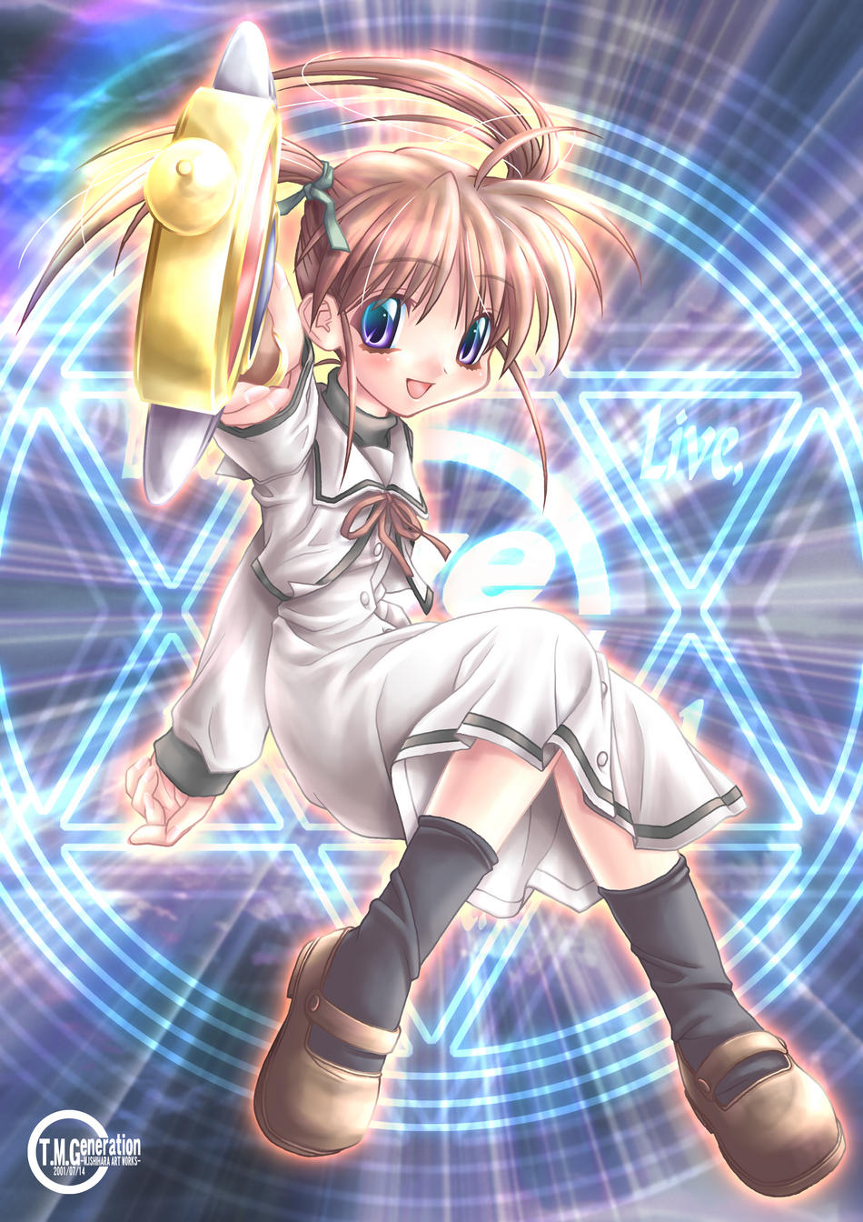 ishihara masumi, takamachi nanoha, lyrical nanoha, mahou shoujo lyrical nanoha, triangle heart, triangle heart 3, triangle heart 3 lyrical toy box, uniform, highres, 00s, 1girl, brown hair, child, dated, female focus, laughing, magic, magic circle, purple eyes, red hair, solo, twintails