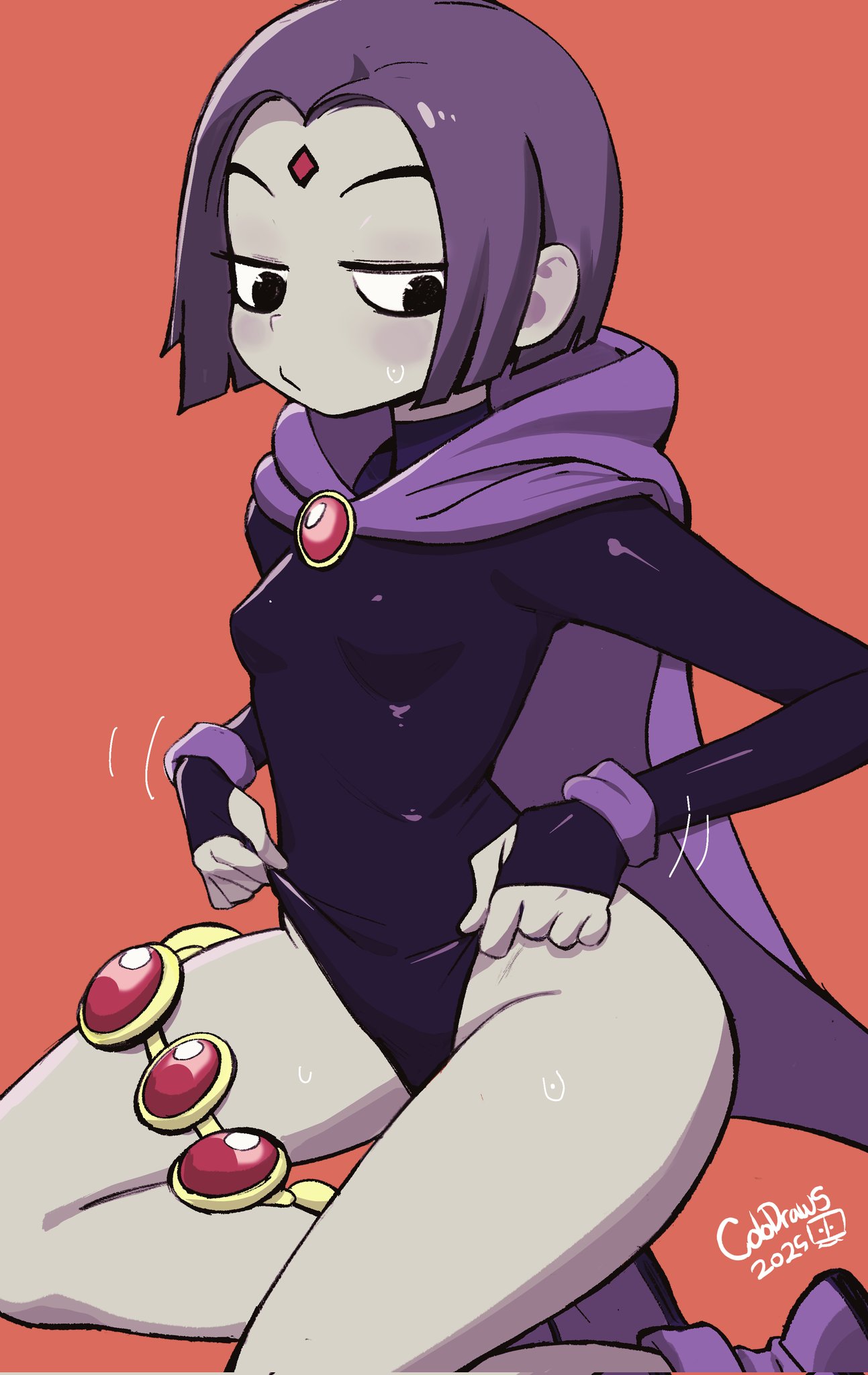 colo (nagrolaz), raven (dc), dc comics, teen titans, highres, 1girl, adjusting clothes, black leotard, blush, breasts, cape, cloak, colored skin, forehead jewel, grey skin, highleg, large breasts, leotard, looking at viewer, multiple girls, purple cape, purple cloak, purple eyes, purple hair, short hair, sleeved leotard, small breasts, solo, thighs
