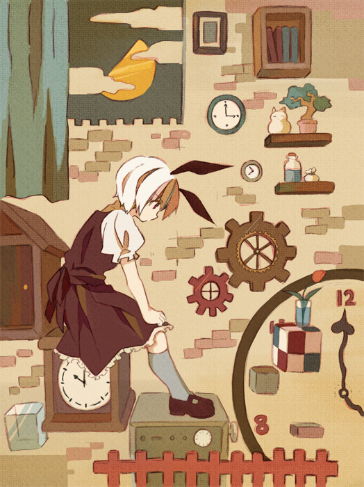 shatiko, konpaku youmu, touhou, bad id, bad pixiv id, 1girl, animal ears, arm support, book, brick wall, clock, female focus, fence, flower, gears, moon, rabbit ears, sitting, solo
