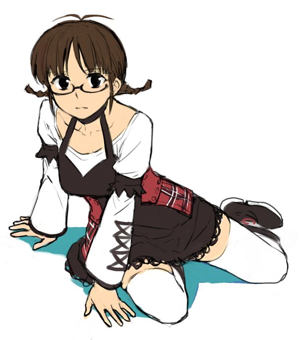 b suke, akizuki ritsuko, idolmaster, idolmaster (classic), commentary request, 1girl, antenna hair, black boots, black dress, black eyes, boots, braid, breasts, brown hair, dress, full body, glasses, medium breasts, short dress, sidelocks, sitting, solo, thighhighs, twin braids, white thighhighs, yokozuwari