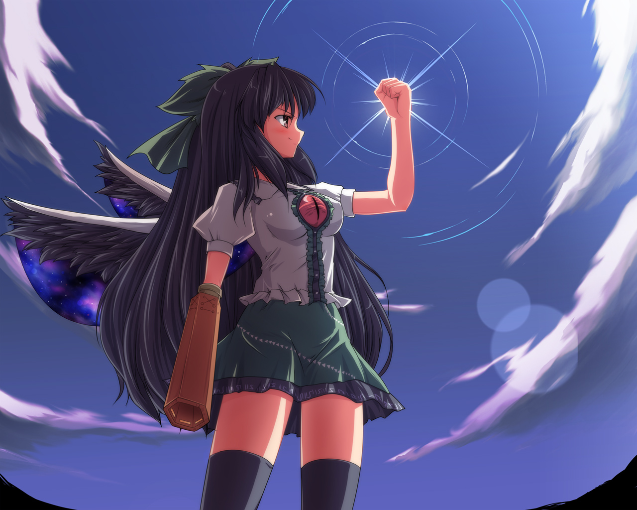 subaru noji, reiuji utsuho, touhou, >:), 1girl, arm cannon, black hair, black thighhighs, black wings, bow, brown eyes, clenched hand, day, female focus, hair bow, long hair, raised fist, sky, solo, sunlight, thighhighs, v-shaped eyebrows, weapon, wings, zettai ryouiki