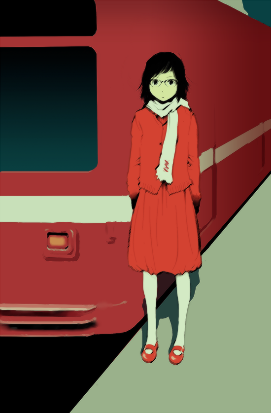 tamaoki benkyou, keikyu corporation, original, bad id, bad pixiv id, 1girl, black hair, female focus, glasses, red theme, scarf, skirt, solo, train