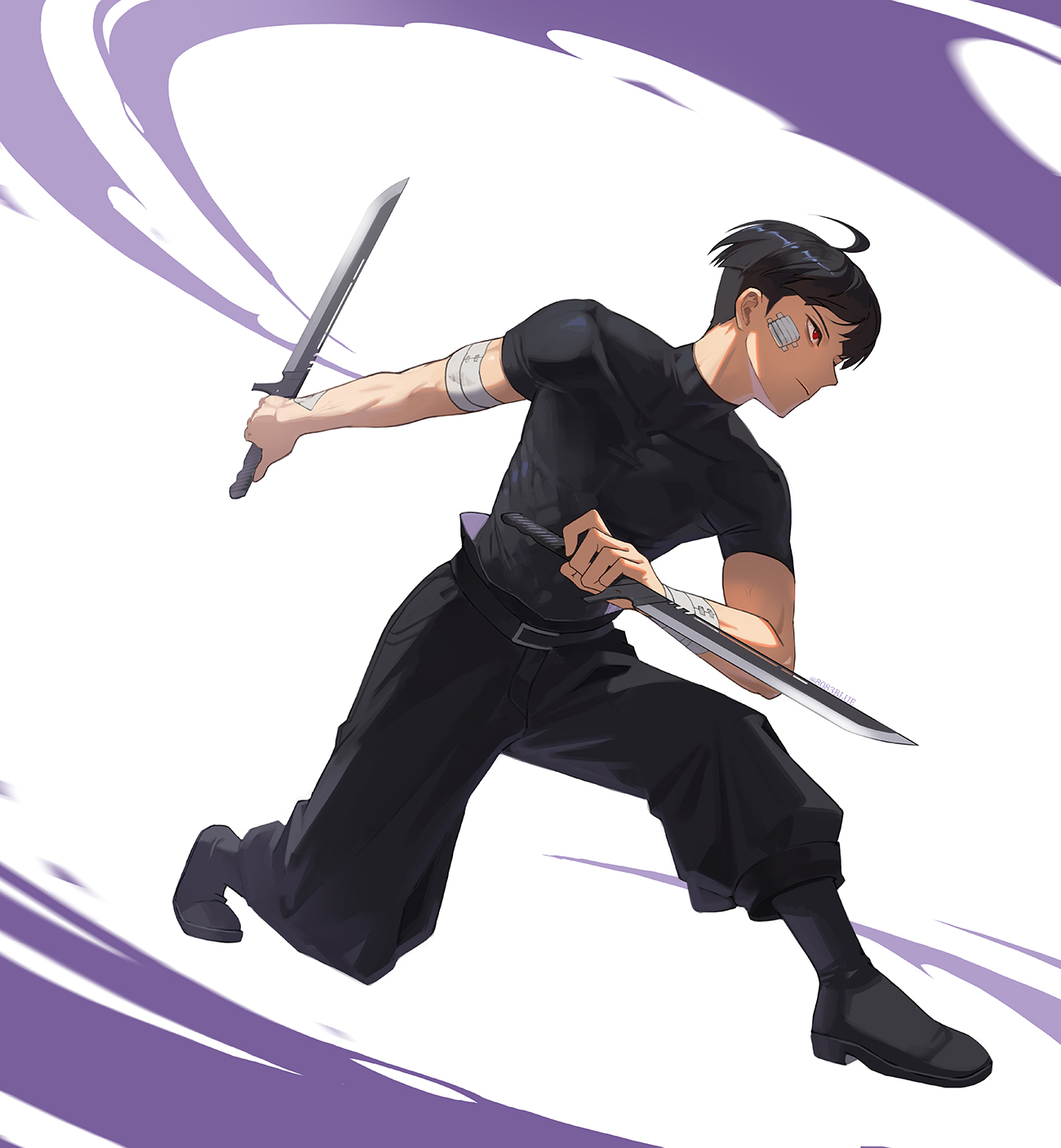 8083 blue, hoshina soshiro, kaijuu no. 8, highres, 1boy, ahoge, belt, black belt, black hair, black pants, black shirt, black shoes, dual wielding, full body, gauze, gauze on cheek, holding, holding sword, holding weapon, male focus, on one knee, pants, shirt, shoes, short hair, solo, sword, weapon, white background