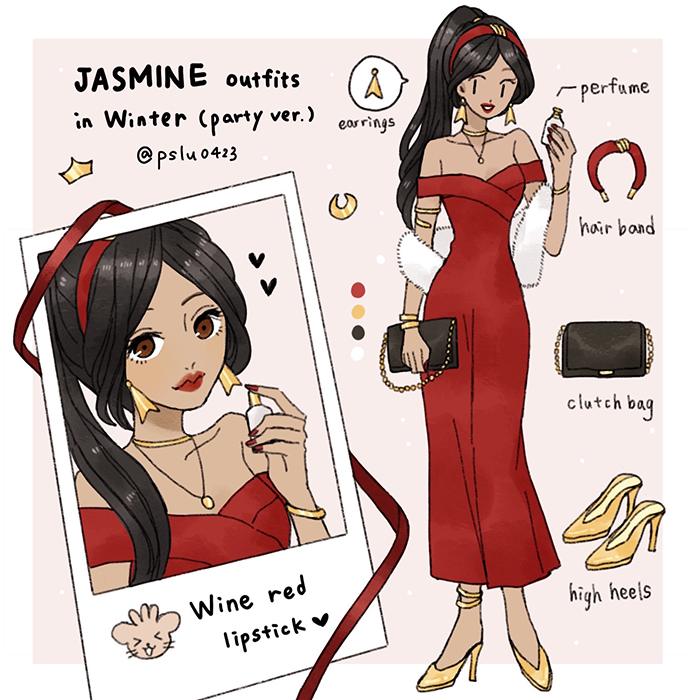 jasmine (disney), aladdin (movie), 1girl, black hair, brown eyes, contemporary, dark-skinned female, dark skin, dress, earrings, jewelry, long hair, looking at viewer, peilu (pslu0423), red dress, short dress, smile, solo, very long hair