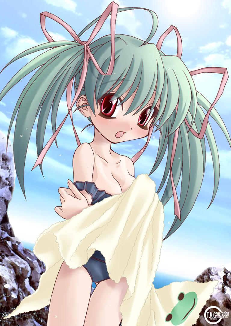 ishihara masumi, memeko, hyper brand, 1girl, ahoge, beach, blush, breasts, cleavage, clothes pull, day, female focus, frog, green hair, hair ribbon, long hair, medium breasts, one-piece swimsuit, one-piece swimsuit pull, one-piece tan, open mouth, outdoors, red eyes, ribbon, school swimsuit, sky, solo, sweat, swimsuit, tan, tanline, thigh gap, thighs, towel, twintails, undressing, water, wet