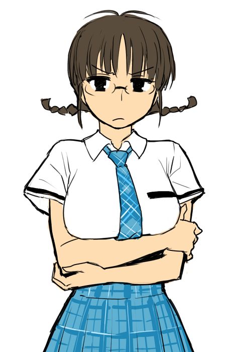 b suke, akizuki ritsuko, idolmaster, idolmaster (classic), commentary request, 1girl, alternate breast size (larger), antenna hair, arms under breasts, black eyes, blue skirt, braid, breasts, brown hair, frown, large breasts, plaid clothes, plaid skirt, skirt, solo, twin braids, upper body
