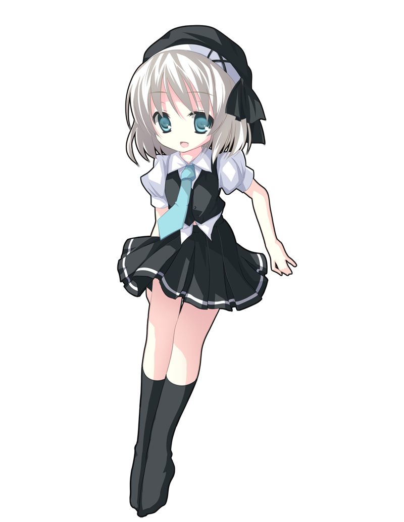 yukifuri, original, child, dress, full body, green eyes, hat, necktie, no nose, open mouth, pleated skirt, skirt, smile, socks, solo, transparent background, white hair