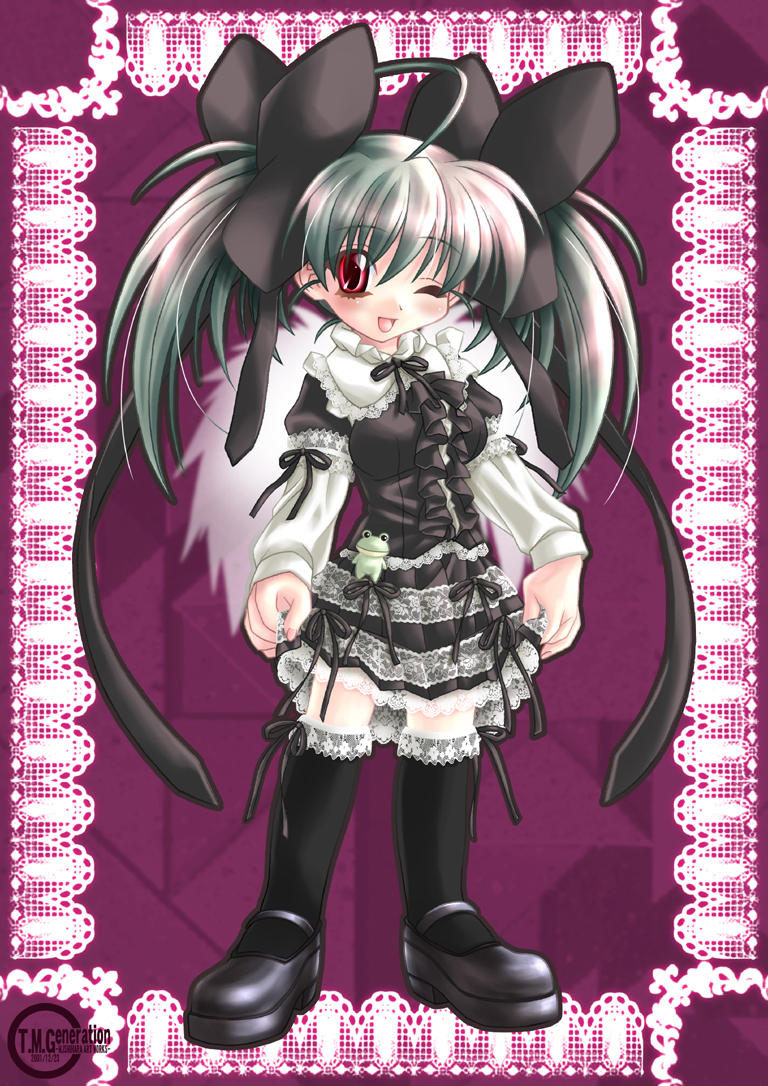 ishihara masumi, memeko, hyper brand, ahoge, frog, gothic lolita, green hair, lolita fashion, long hair, one eye closed, red eyes, ribbon, solo, twintails, wink