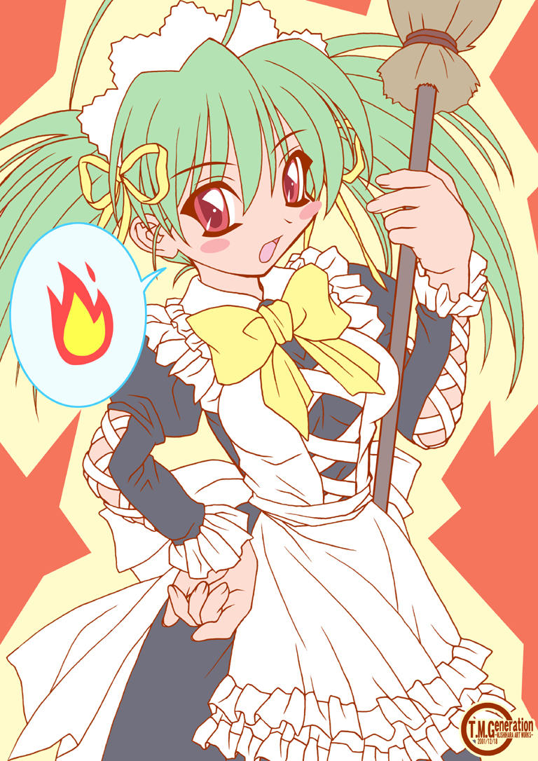ishihara masumi, memeko, hyper brand, ahoge, angry, blush, broom, dress, green hair, long hair, maid, red eyes, ribbon, solo, twintails