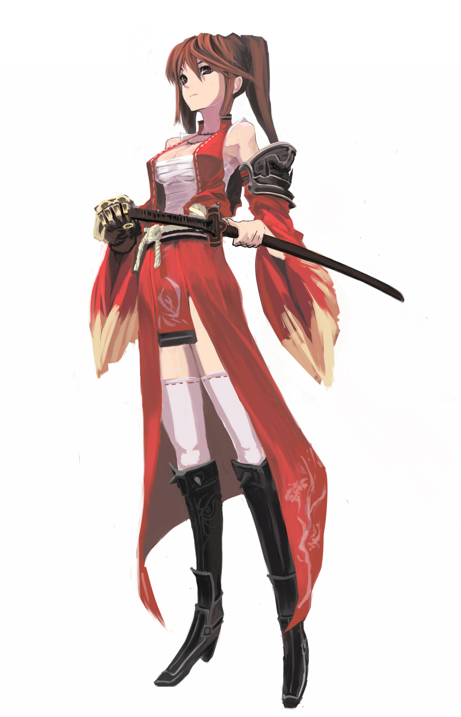 ipponkui, original, highres, boots, brown eyes, brown hair, detached sleeves, gauntlets, sarashi, sheath, sheathed, solo, sword, thighhighs, weapon