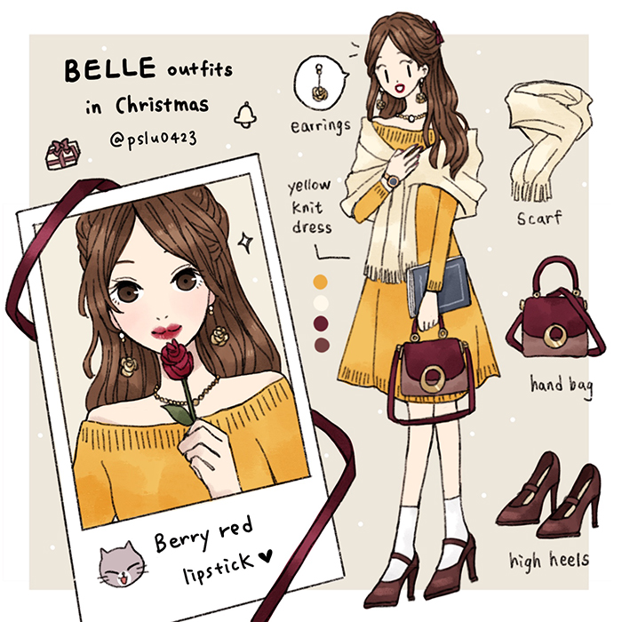 belle (disney), beauty and the beast (disney), tagme, animification, brown eyes, brown hair, dress, earrings, flower, jewelry, long hair, looking at viewer, peilu (pslu0423), ponytail, rose, scarf, smile, yellow dress