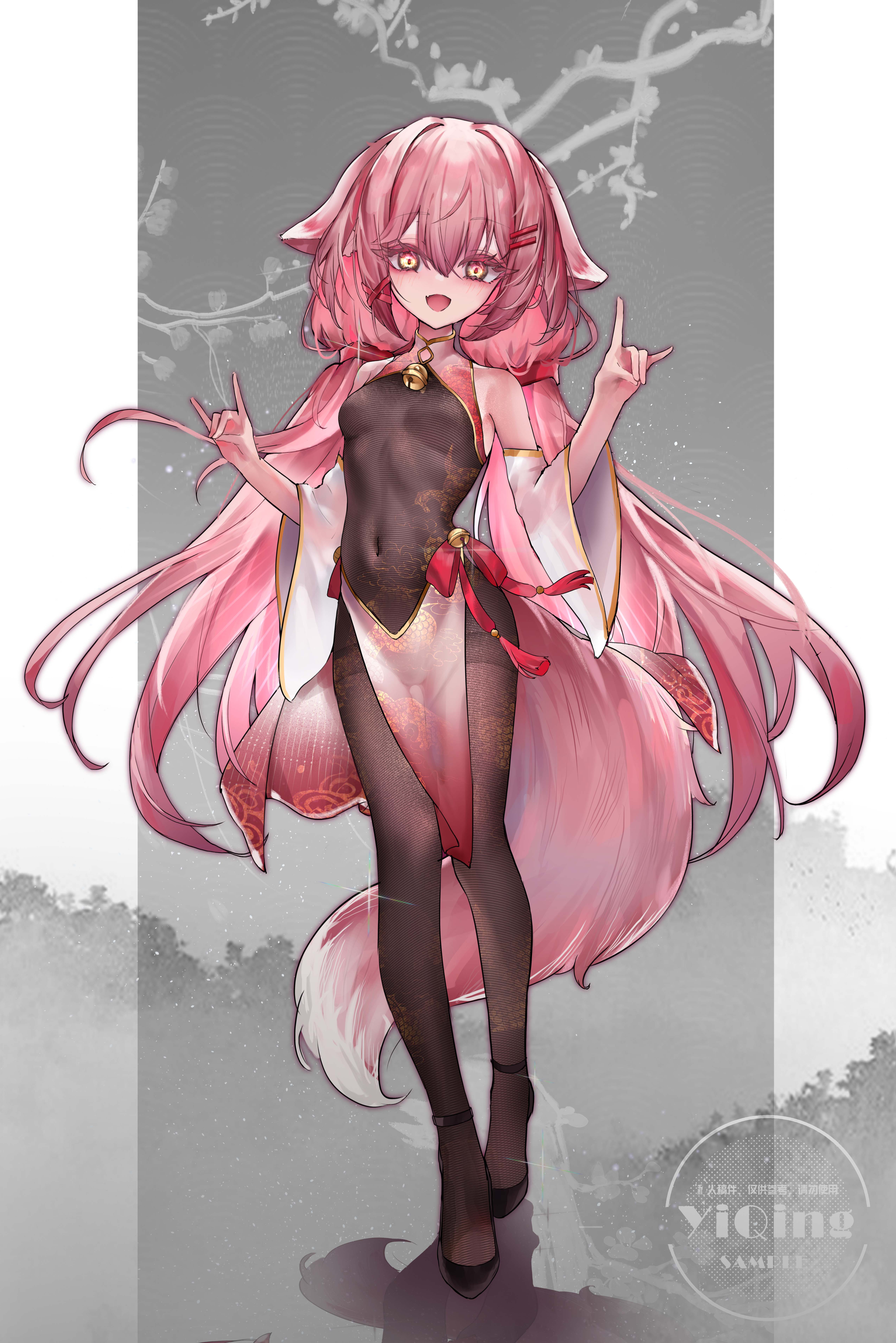 yinber, original, absurdres, highres, 1girl, animal ears, bell, blush, breasts, chinese clothes, covered navel, double fox shadow puppet, fang, fox shadow puppet, full body, high heels, long hair, looking at viewer, neck bell, open mouth, pink hair, pink tail, skin fang, solo, standing, tail, yellow eyes