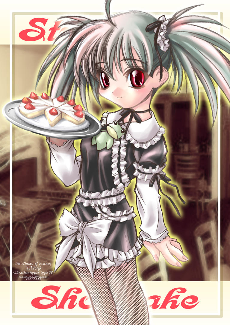 ishihara masumi, memeko, hyper brand, ahoge, cake, dress, fishnet pantyhose, fishnets, food, frog, gothic lolita, green hair, lolita fashion, long hair, maid, pantyhose, pastry, red eyes, ribbon, smile, solo, twintails