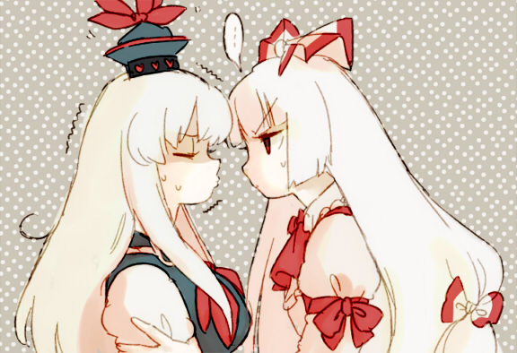as (ashyblown), fujiwara no mokou, kamishirasawa keine, touhou, bad id, bad pixiv id, 2girls, bow, closed eyes, female focus, hair bow, hair ribbon, hat, imminent kiss, long hair, multiple girls, polka dot, red eyes, ribbon, sweatdrop, trembling, white hair