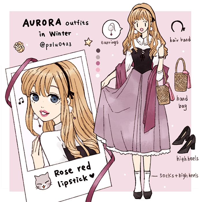 aurora (disney), sleeping beauty (disney), 1girl, animification, blonde hair, contemporary, dress, hairband, jewelry, long hair, long sleeves, looking at viewer, makeup, peilu (pslu0423), red lips, simple background, skirt, smile, solo, very long hair