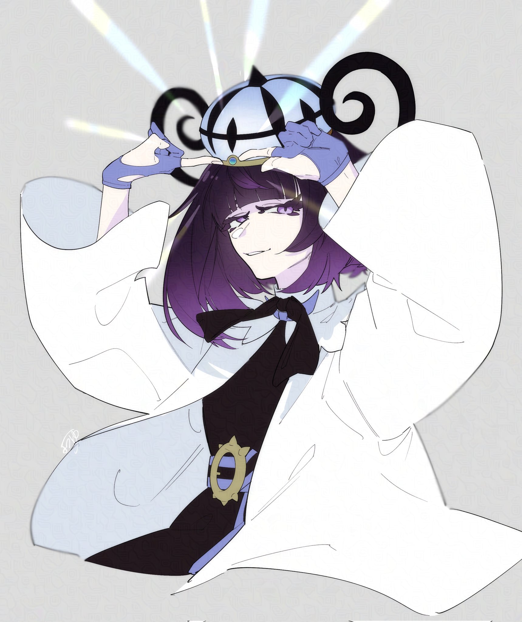 ofuton 1414, gwynn (pokemon), nintendo, pokemon, pokemon legends: z-a, highres, 1girl, belt, belt buckle, black dress, black hair, blue gloves, bob cut, buckle, coat, dress, gloves, gradient hair, hat, long sleeves, looking at viewer, mega stone, multicolored hair, o-ring, o-ring belt, open clothes, open coat, parted lips, partially fingerless gloves, purple eyes, purple hair, short hair, solo, white coat, wide sleeves