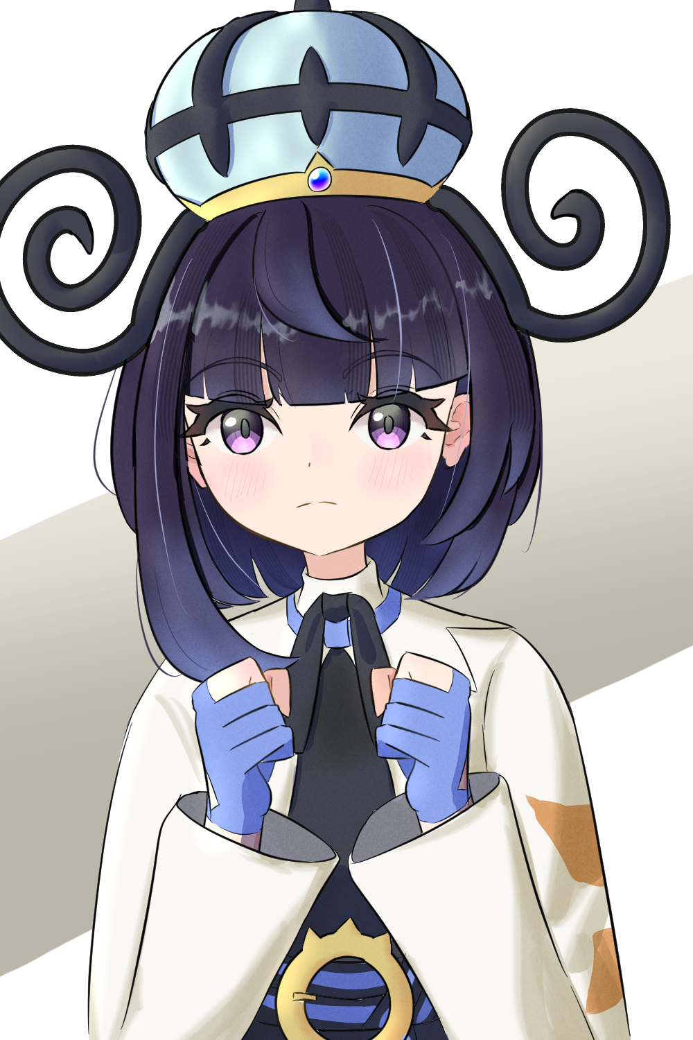 gwynn (pokemon), nintendo, pokemon, pokemon legends: z-a, highres, 1girl, belt, belt buckle, black dress, black hair, blue gloves, blush, bob cut, buckle, clenched hands, closed mouth, coat, dress, eyelashes, gloves, gradient hair, hat, ktnyma, light frown, long sleeves, looking at viewer, multicolored hair, o-ring, o-ring belt, open clothes, open coat, partially fingerless gloves, purple eyes, purple hair, short hair, solo, upper body, white coat