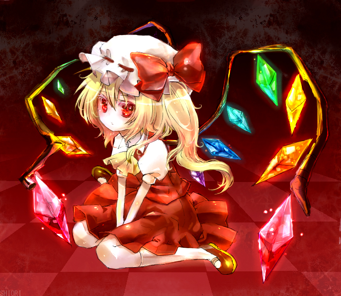 sakura shiori, shiori (pixiv), flandre scarlet, touhou, 1girl, blonde hair, checkered floor, dress, female focus, hat, perspective, ponytail, rainbow order, red background, red dress, red eyes, short hair, side ponytail, sitting, solo, v arms, wariza, wings