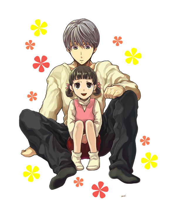 4ro, doujima nanako, narukami yu, atlus, persona, persona 4, silver hair, bad id, bad pixiv id, brown eyes, brown hair, child, short hair, short twintails, sitting, twintails