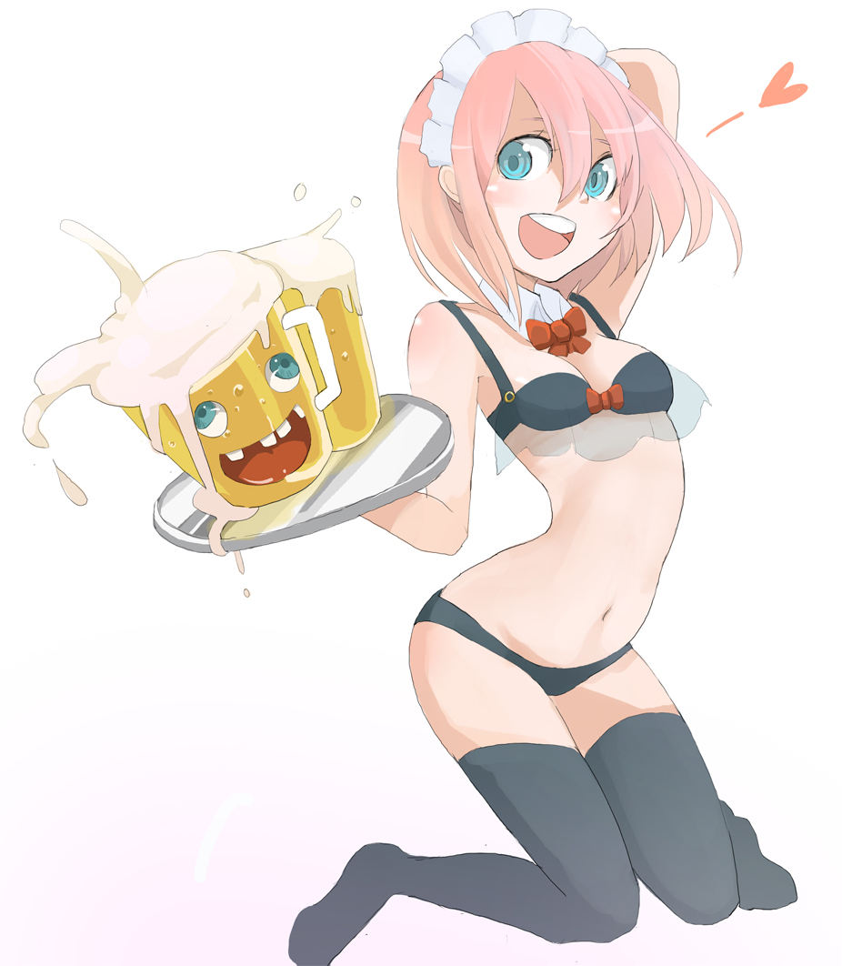tansuke, takagi (tansuke), original, 1girl, alcohol, arched back, arm behind head, bad anatomy, beer, bra, female focus, lingerie, maid, maid headdress, panties, pink hair, ribbon, short hair, solo, thighhighs, tray, underwear, underwear only