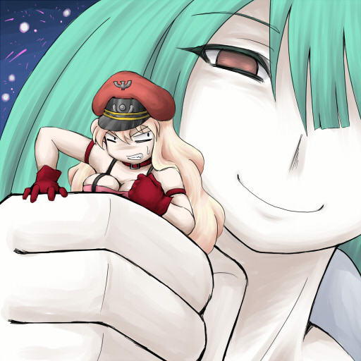 terumin (yuganda sebone), meltrandi, ranka lee, sheryl nome, zentradi, macross, macross frontier, md5 mismatch, >:), 00s, 2girls, angry, breasts, cleavage, clenched hand, clenched teeth, dutch angle, evil smile, giant, giantess, gloves, green hair, hat, holding, long hair, multiple girls, naughty face, peaked cap, pink hair, red eyes, smile, sweatdrop, teeth, v-shaped eyebrows, you gonna get raped