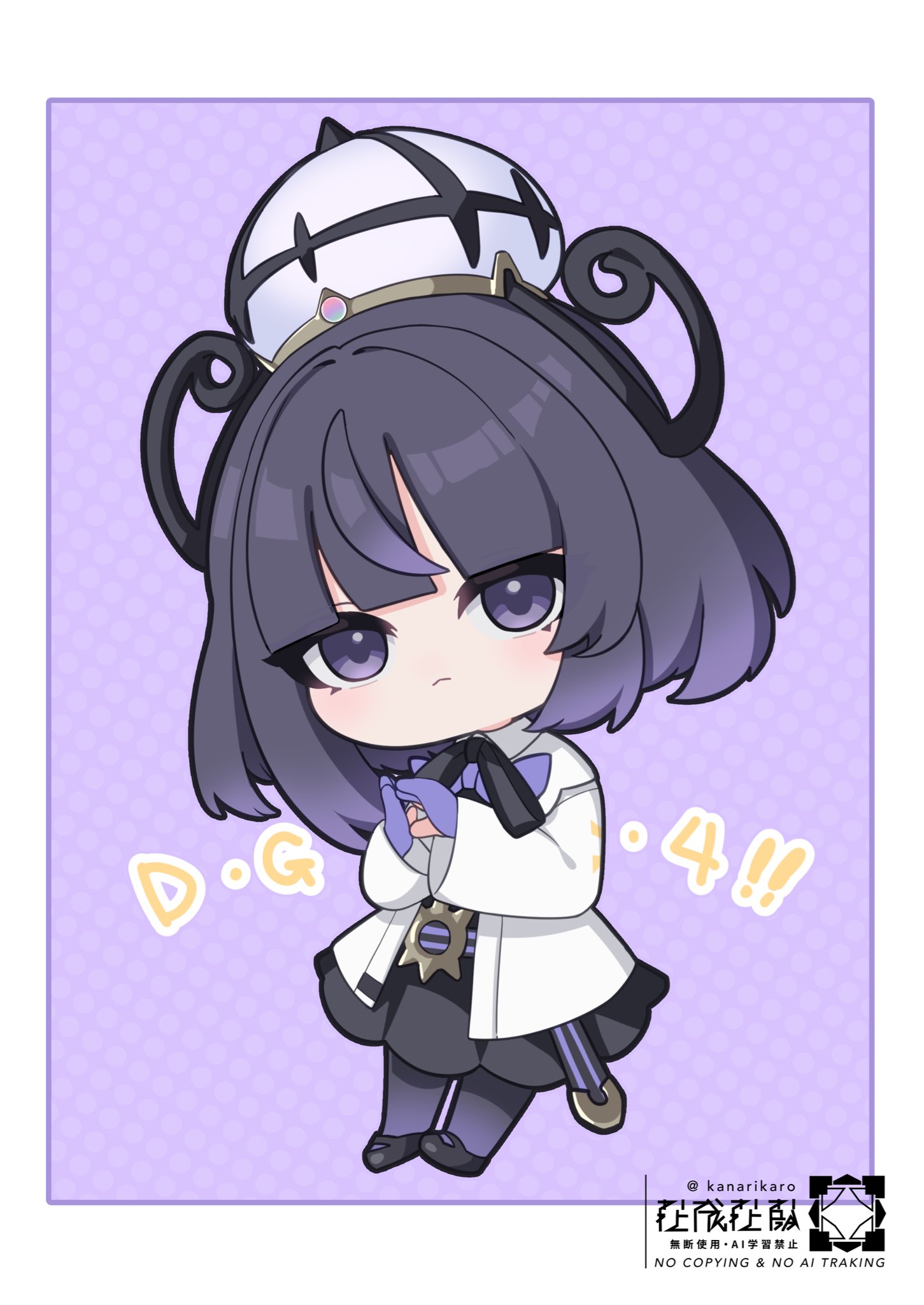 kanarikaro, gwynn (pokemon), nintendo, pokemon, pokemon legends: z-a, highres, 1girl, black dress, black shoes, blunt bangs, bob cut, border, chibi, chibi only, closed mouth, coat, dress, full body, gloves, hat, light frown, long sleeves, looking at viewer, open clothes, open coat, own hands together, pantyhose, partially fingerless gloves, purple background, purple eyes, purple hair, shoes, short hair, solo, white border, white coat