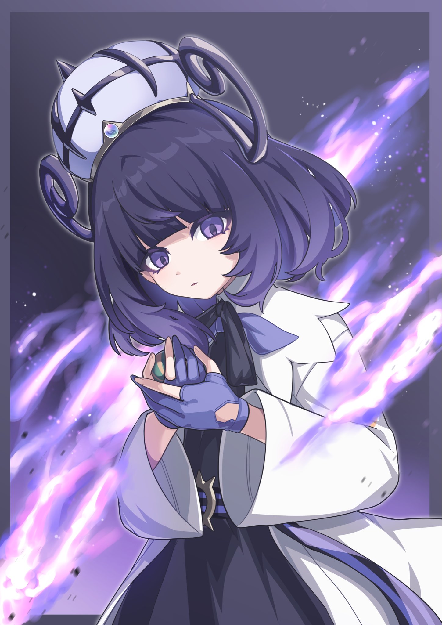 kanarikaro, gwynn (pokemon), nintendo, pokemon, pokemon legends: z-a, highres, 1girl, belt, belt buckle, black dress, bob cut, buckle, coat, dress, fire, gloves, hat, holding, holding poke ball, long sleeves, looking at viewer, mega stone, nest ball, o-ring, o-ring belt, open clothes, open coat, parted lips, partially fingerless gloves, poke ball, purple background, purple eyes, purple fire, purple gloves, purple hair, short hair, solo, upper body, white coat