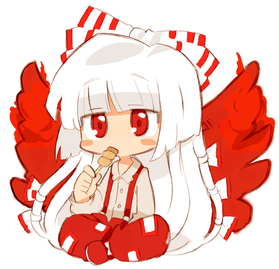 murasakiimo, fujiwara no mokou, touhou, bad id, bad pixiv id, 1girl, bow, chibi, eating, female focus, full body, hair bow, hair ribbon, long hair, multiple hair bows, red eyes, ribbon, sitting, solo, white background, white hair, wings