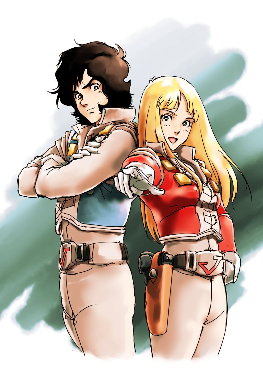 teikoku jokyoku, alfin, joe (crusher joe), crusher joe, highres, 1boy, 1girl, belt, black hair, blonde hair, closed mouth, gloves, gun, holstered, jacket, long hair, looking at viewer, open mouth, pointing, pointing at viewer, retro artstyle, smile, vest, weapon