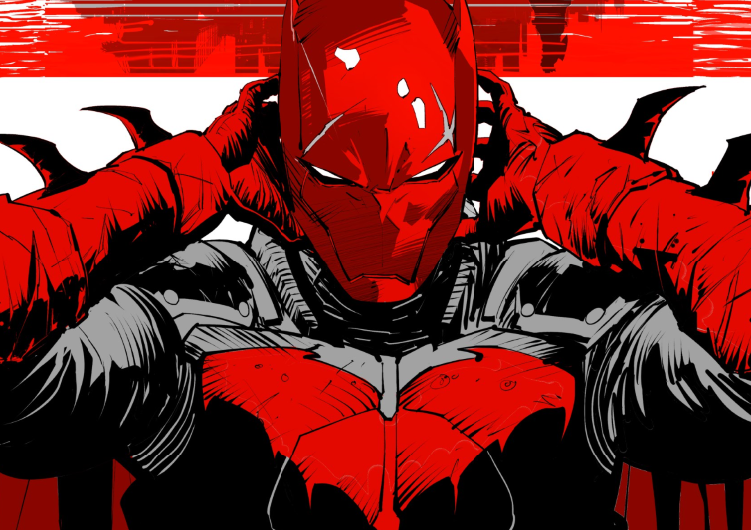 dan mora, jason todd, red hood (dc), batman (series), dc comics, 1boy, bat signal, batman symbol, bodysuit, cape, gloves, grey bodysuit, holding, male focus, mask, multicolored bodysuit, muscular, muscular male, red mask, solo, superhero costume, taut bodysuit, two-tone bodysuit, western comics (style)